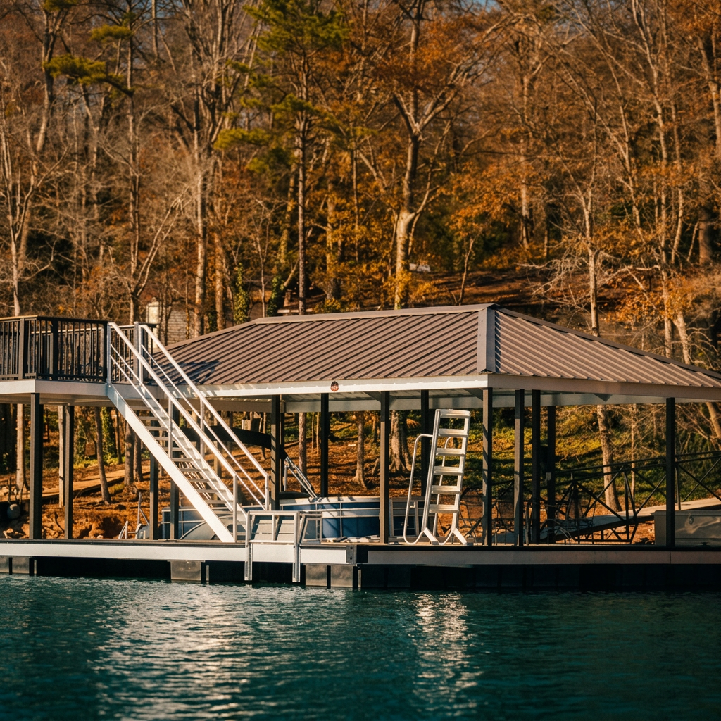 Luxury custom dock on a Southern lake at golden hour
